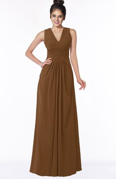 ColsBM Isla Brown Elegant V-neck Sleeveless Chiffon Floor Length Ruching Bridesmaid Dresses