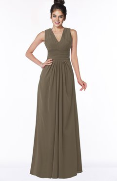 ColsBM Isla Carafe Brown Elegant V-neck Sleeveless Chiffon Floor Length Ruching Bridesmaid Dresses