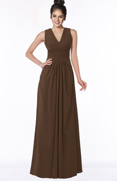 ColsBM Isla Chocolate Brown Elegant V-neck Sleeveless Chiffon Floor Length Ruching Bridesmaid Dresses