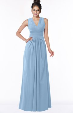 ColsBM Isla Dusty Blue Elegant V-neck Sleeveless Chiffon Floor Length Ruching Bridesmaid Dresses