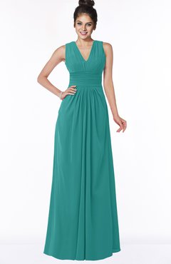 ColsBM Isla Emerald Green Elegant V-neck Sleeveless Chiffon Floor Length Ruching Bridesmaid Dresses