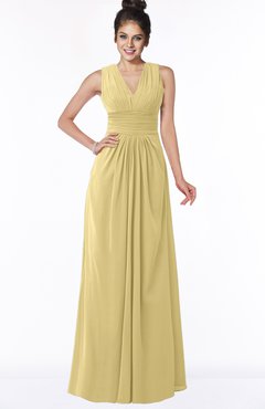 ColsBM Isla Gold Elegant V-neck Sleeveless Chiffon Floor Length Ruching Bridesmaid Dresses