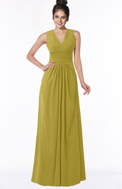 ColsBM Isla Golden Olive Elegant V-neck Sleeveless Chiffon Floor Length Ruching Bridesmaid Dresses
