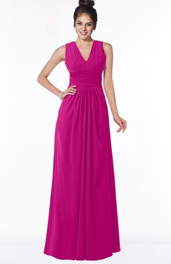 ColsBM Isla Hot Pink Elegant V-neck Sleeveless Chiffon Floor Length Ruching Bridesmaid Dresses