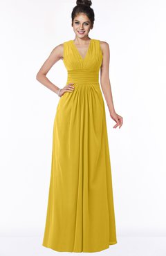 ColsBM Isla Lemon Curry Elegant V-neck Sleeveless Chiffon Floor Length Ruching Bridesmaid Dresses