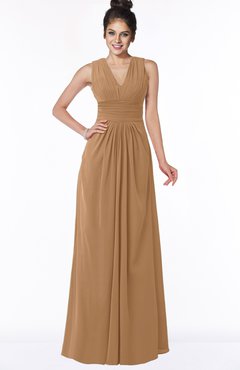 ColsBM Isla Light Brown Elegant V-neck Sleeveless Chiffon Floor Length Ruching Bridesmaid Dresses