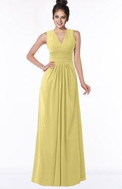 ColsBM Isla Misted Yellow Elegant V-neck Sleeveless Chiffon Floor Length Ruching Bridesmaid Dresses