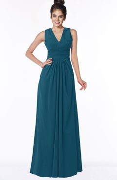 ColsBM Isla Moroccan Blue Elegant V-neck Sleeveless Chiffon Floor Length Ruching Bridesmaid Dresses