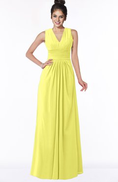 ColsBM Isla Pale Yellow Elegant V-neck Sleeveless Chiffon Floor Length Ruching Bridesmaid Dresses