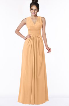 ColsBM Isla Salmon Buff Elegant V-neck Sleeveless Chiffon Floor Length Ruching Bridesmaid Dresses