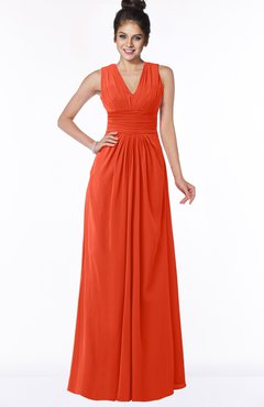 ColsBM Isla Tangerine Tango Elegant V-neck Sleeveless Chiffon Floor Length Ruching Bridesmaid Dresses