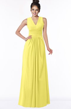 ColsBM Isla Yellow Iris Elegant V-neck Sleeveless Chiffon Floor Length Ruching Bridesmaid Dresses