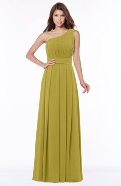 ColsBM Adeline Golden Olive Gorgeous A-line One Shoulder Zip up Floor Length Pleated Bridesmaid Dresses
