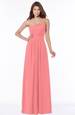 ColsBM Laverne Coral Modest A-line Half Backless Chiffon Floor Length Ruching Bridesmaid Dresses