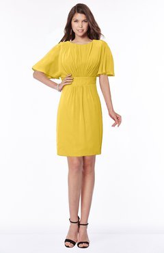 ColsBM Talia Lemon Curry Luxury A-line Short Sleeve Zip up Chiffon Pleated Bridesmaid Dresses