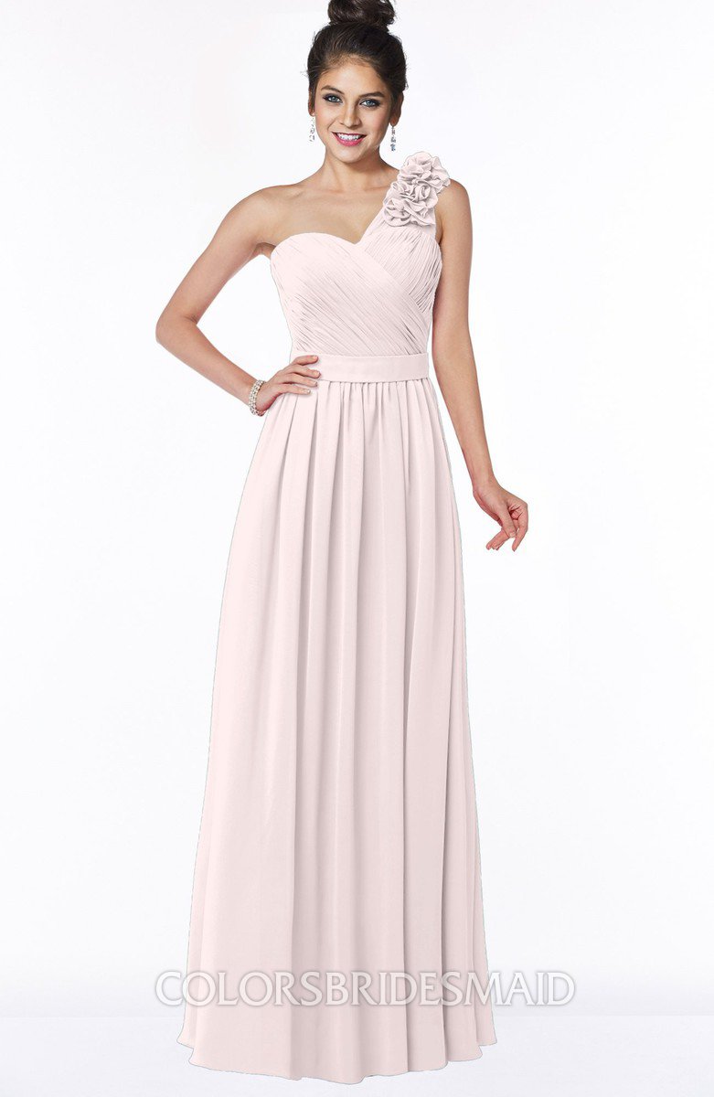 one shoulder pink bridesmaid dress