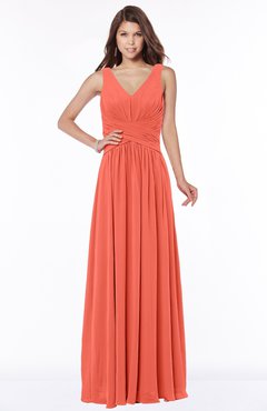 ColsBM Yasmin Living Coral Modern V-neck Zip up Floor Length Ruching Bridesmaid Dresses