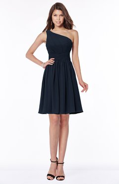 ColsBM Julia Navy Blue Classic One Shoulder Sleeveless Chiffon Knee Length Ruching Bridesmaid Dresses