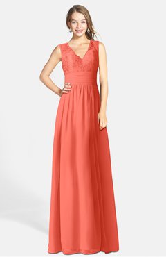ColsBM Ciara Living Coral Romantic A-line V-neck Zip up Chiffon Bridesmaid Dresses