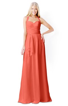 ColsBM Kaelyn Living Coral Modest Trumpet Elbow Length Sleeve Zip up Chiffon Floor Length Bridesmaid Dresses