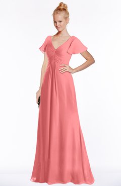 ColsBM Ellen Coral Modern A-line V-neck Short Sleeve Zip up Floor Length Bridesmaid Dresses