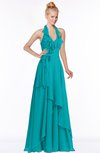 ColsBM Jade Peacock Blue Glamorous Fit-n-Flare Halter Sleeveless Floor Length Bridesmaid Dresses