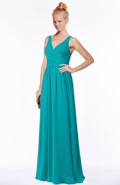 ColsBM Reyna Peacock Blue Mature Sleeveless Chiffon Floor Length Ruching Bridesmaid Dresses