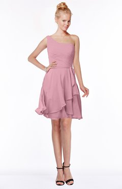 ColsBM Kennedi Light Coral Romantic Fit-n-Flare One Shoulder Zip up Chiffon Knee Length Bridesmaid Dresses