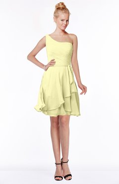 ColsBM Kennedi Wax Yellow Romantic Fit-n-Flare One Shoulder Zip up Chiffon Knee Length Bridesmaid Dresses
