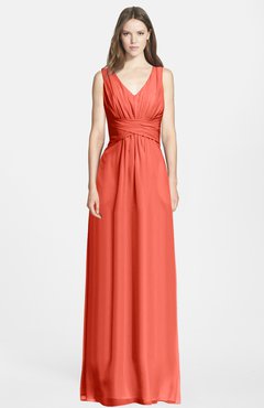ColsBM Jazmine Living Coral Gorgeous A-line V-neck Sleeveless Floor Length Ruching Bridesmaid Dresses