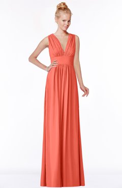 ColsBM Carolyn Living Coral Classic V-neck Sleeveless Zip up Ruching Bridesmaid Dresses