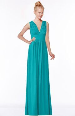 ColsBM Carolyn Peacock Blue Classic V-neck Sleeveless Zip up Ruching Bridesmaid Dresses