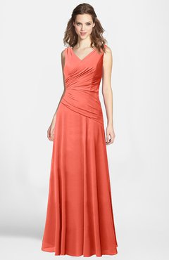 ColsBM Lina Living Coral  Fit-n-Flare V-neck Zip up Chiffon Bridesmaid Dresses