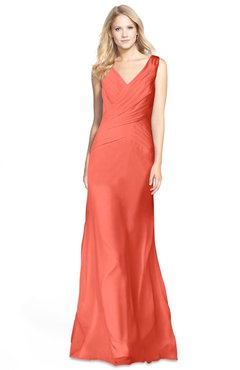 ColsBM Amina Living Coral Gorgeous Fit-n-Flare V-neck Sleeveless Chiffon Ruching Bridesmaid Dresses