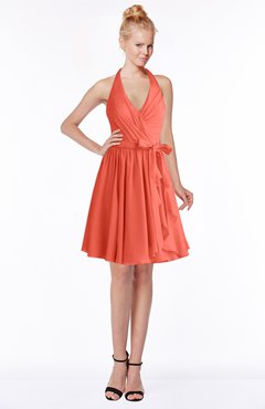 ColsBM Belen Living Coral Modest Halter Chiffon Knee Length Ruching Bridesmaid Dresses
