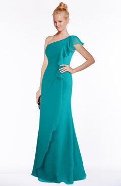 ColsBM Hope Peacock Blue Gorgeous Trumpet One Shoulder Zip up Chiffon Floor Length Bridesmaid Dresses