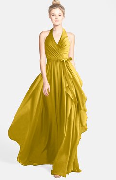 ColsBM Anya Lemon Curry Glamorous A-line Sleeveless Zip up Chiffon Ribbon Bridesmaid Dresses