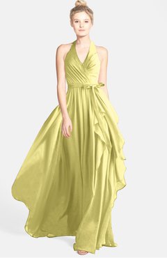 ColsBM Anya Pastel Yellow Glamorous A-line Sleeveless Zip up Chiffon Ribbon Bridesmaid Dresses