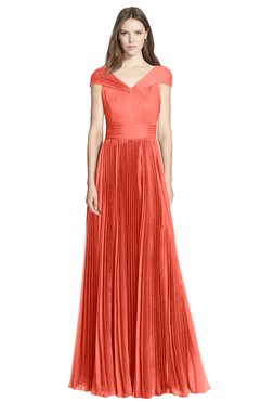 ColsBM Bryanna Living Coral Classic Fit-n-Flare V-neck Short Sleeve Zip up Chiffon Bridesmaid Dresses