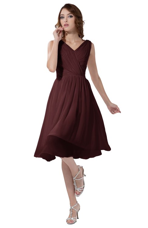 ColsBM Alexis Burgundy Simple A-line V-neck Zipper Knee Length Ruching Party Dresses