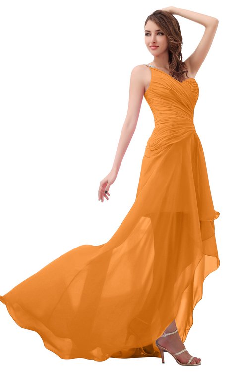 ColsBM Paige Orange Romantic One Shoulder Sleeveless Brush Train Ruching Bridesmaid Dresses