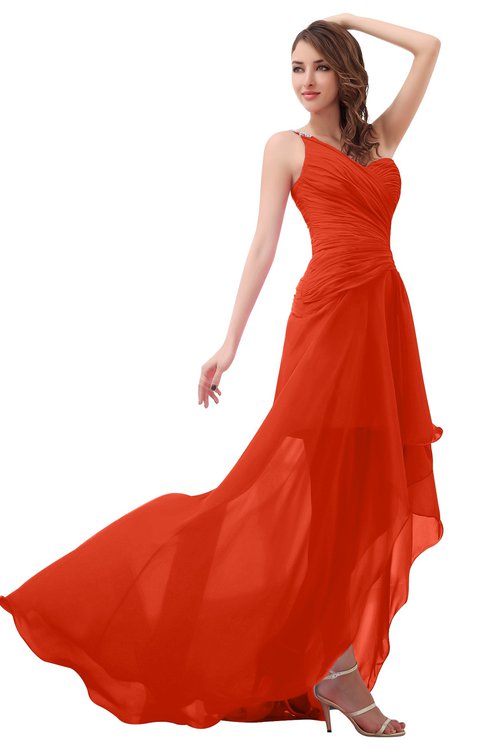 ColsBM Paige Tangerine Tango Romantic One Shoulder Sleeveless Brush Train Ruching Bridesmaid Dresses