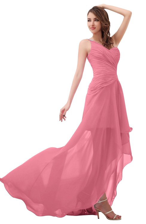 ColsBM Paige Watermelon Romantic One Shoulder Sleeveless Brush Train Ruching Bridesmaid Dresses