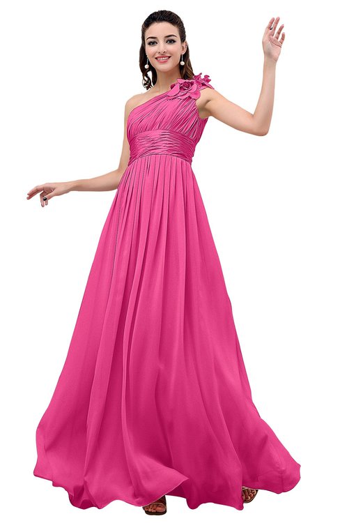 open lace back dress Hot Pink A-Line Cap Sleeves Pleated Chiffon Long Bridesmaid Dress Hot Pink / US 10 main image 1