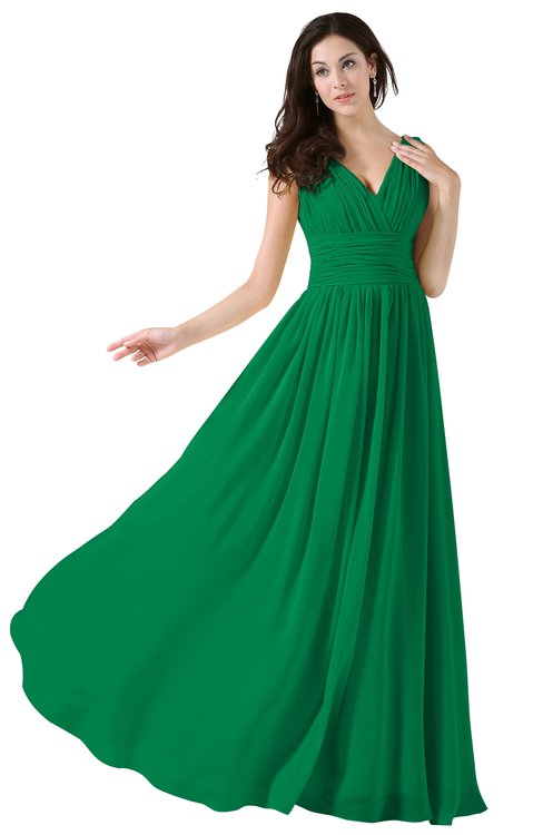 ColsBM Alana Green Elegant V-neck Sleeveless Zip up Floor Length Ruching Bridesmaid Dresses