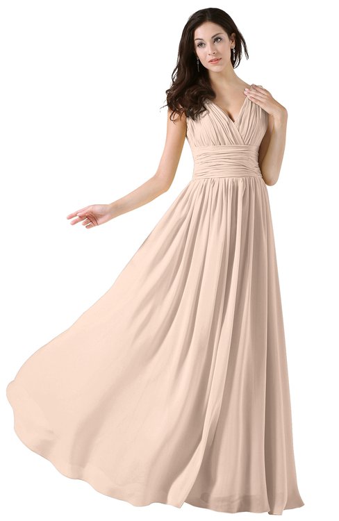 ColsBM Alana Peach Puree Elegant V-neck Sleeveless Zip up Floor Length Ruching Bridesmaid Dresses