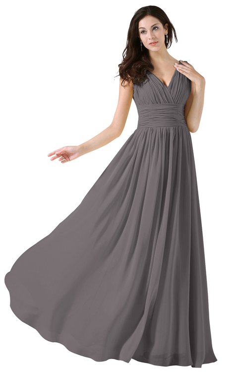 ColsBM Alana Ridge Grey Elegant V-neck Sleeveless Zip up Floor Length Ruching Bridesmaid Dresses