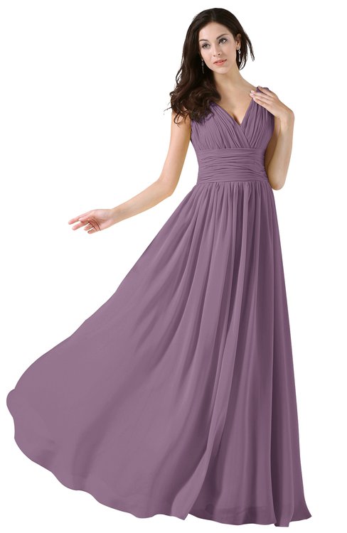 ColsBM Alana Valerian Elegant V-neck Sleeveless Zip up Floor Length Ruching Bridesmaid Dresses