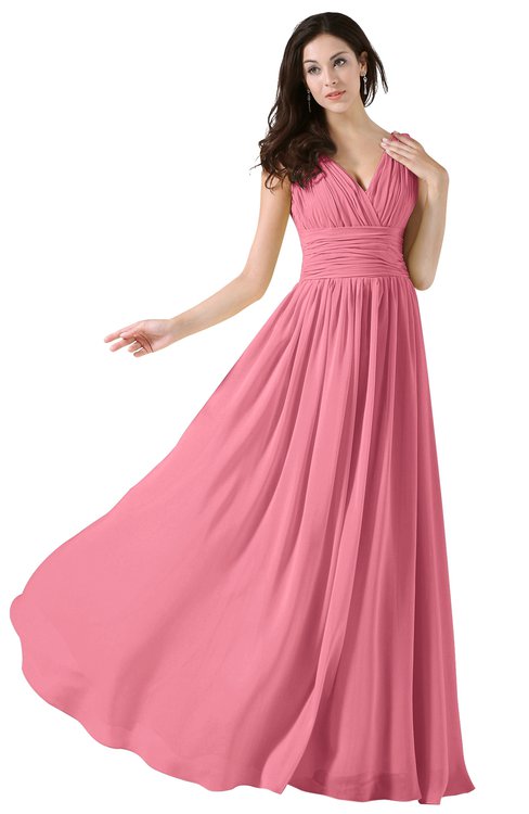 ColsBM Alana Watermelon Elegant V-neck Sleeveless Zip up Floor Length Ruching Bridesmaid Dresses