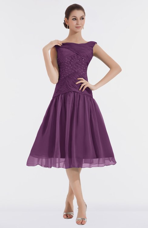 purple tea length dress